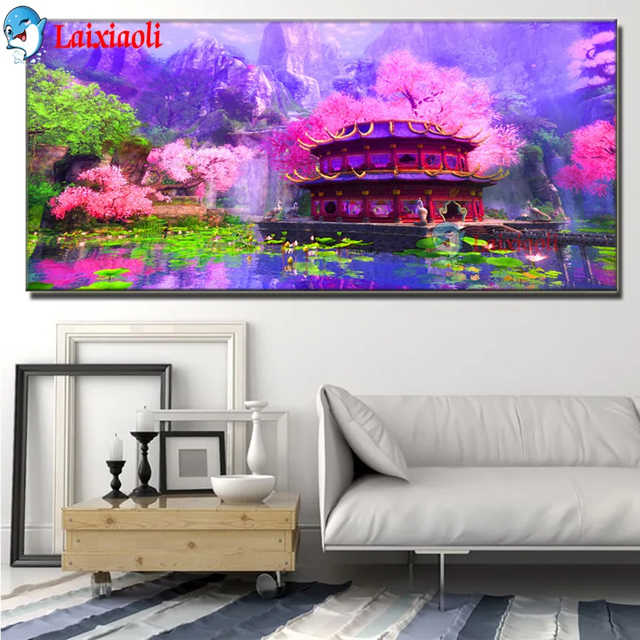 

Japanese temple,Diamond Embroidery Drill 5d Diy Diamond Painting " cherry blossom landscape"Cross Stitch Mosaic big Home Decor