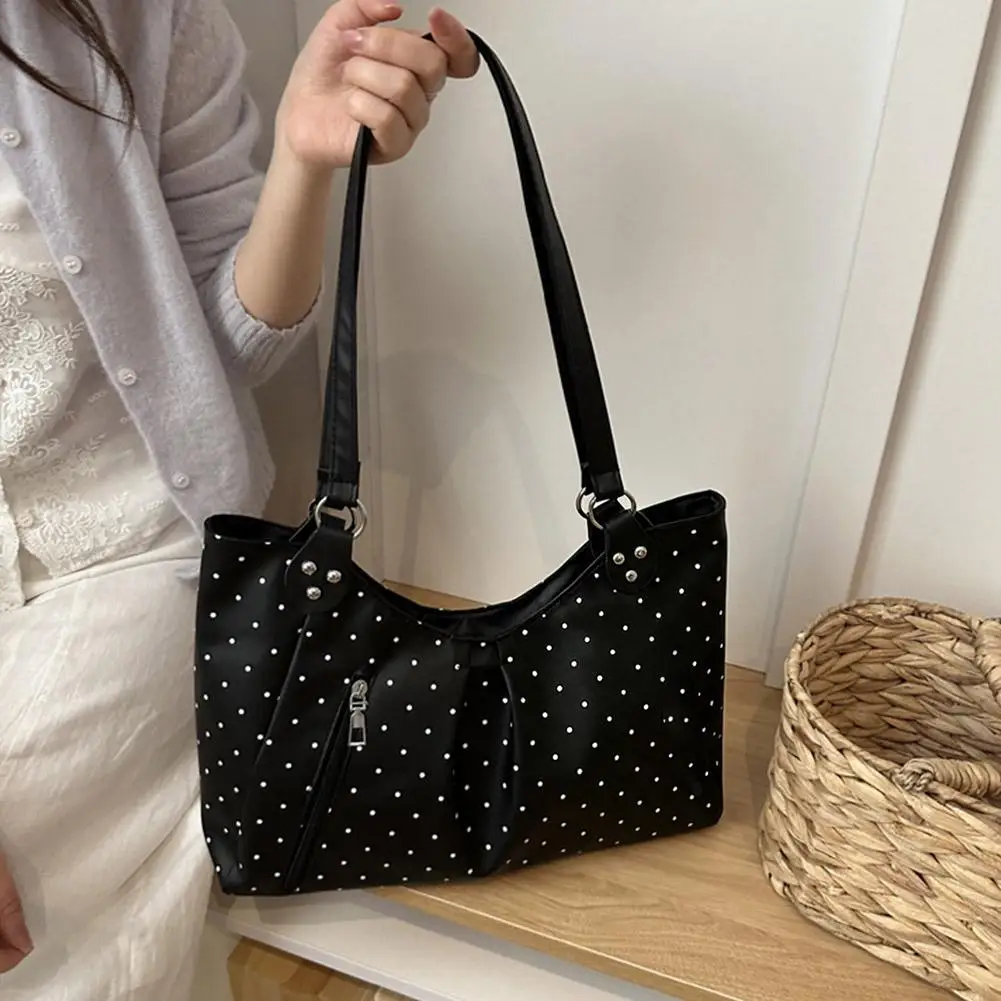 Damen-Umhängetasche, Vintage-Polka-Dot-Design, Pendler-Tragetasche, große Kapazität, PU-Leder-Handtasche, Unterarmtasche für Schule, Büro und den täglichen Gebrauch. – Detail 20