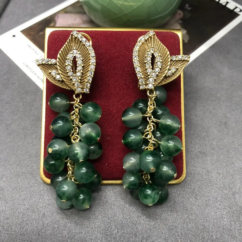 Retro Earrings Design Sense Grape String Aquatic Agate Beads Earrings Old Gold Inlaid Gemstones Diamond Medieval Versatile Jewel