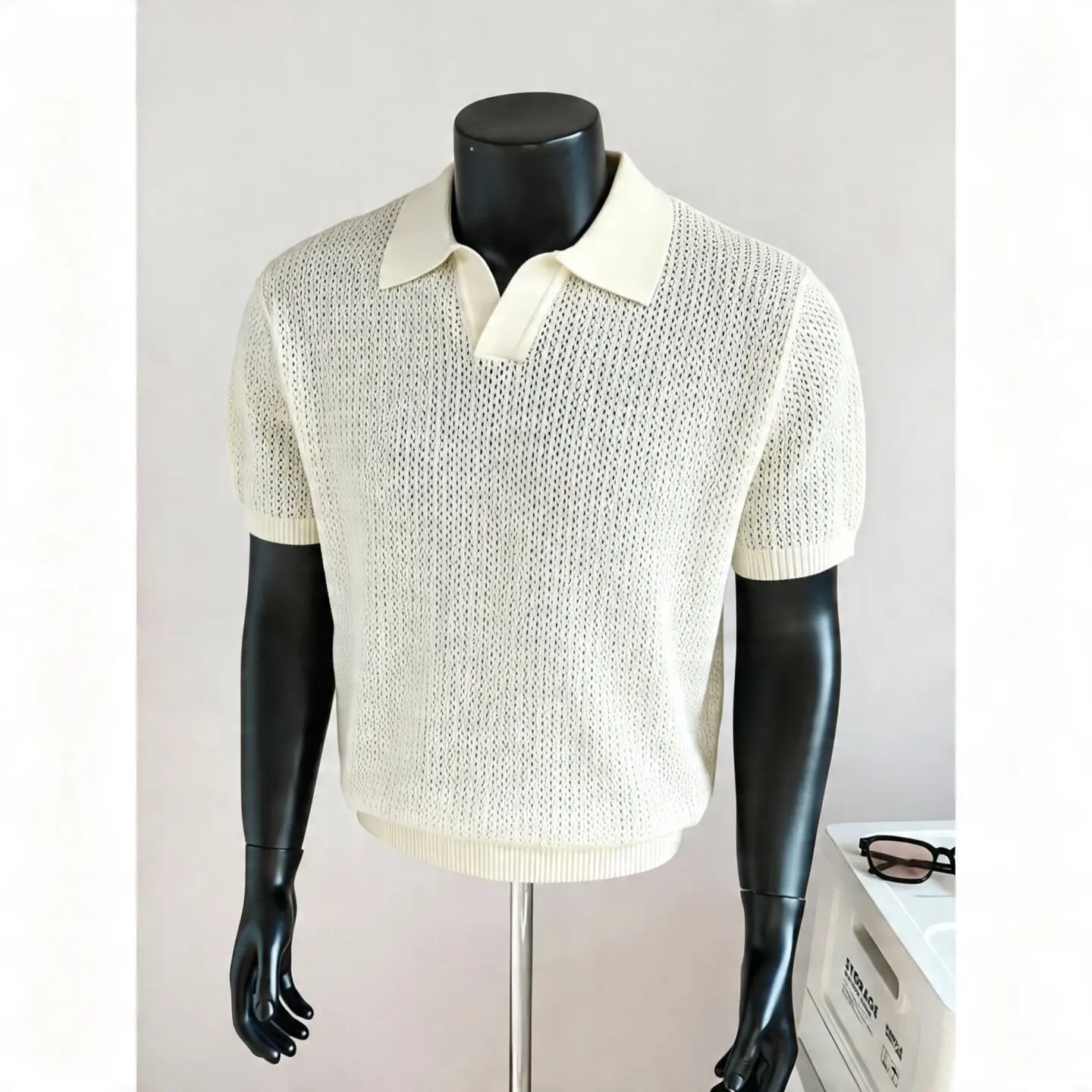 Summer Knitted Hollow Solid Color Polo Shirt Men Seagull Collar Short Sleeved Casual Business Breathable Social Office T-shirt