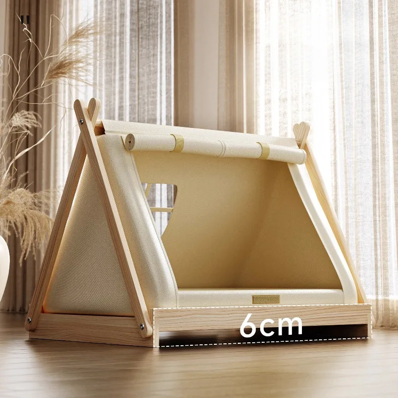 Indoor Dog Tent Pine Wood Dogs Tents Beds Cushion Removable able Dog House Closed Moisture-proof Pet Cat Double Door Tent