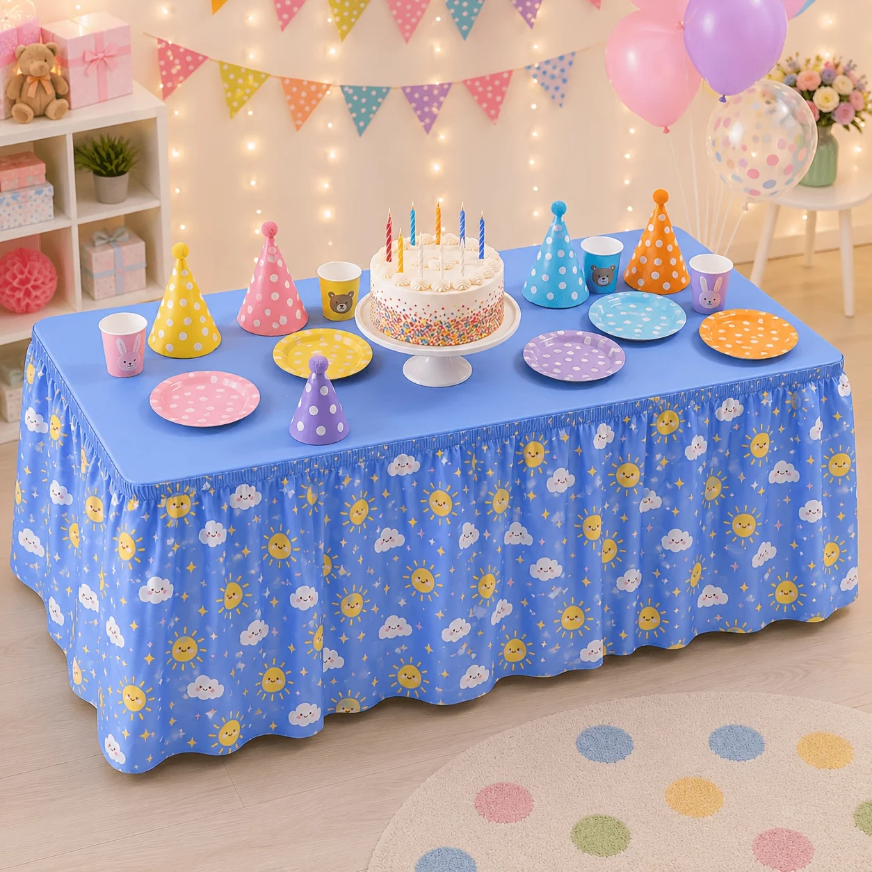 Bright blue sun cloud star print table skirt, cute smile sun cloud elastic table edge lotus leaf edge