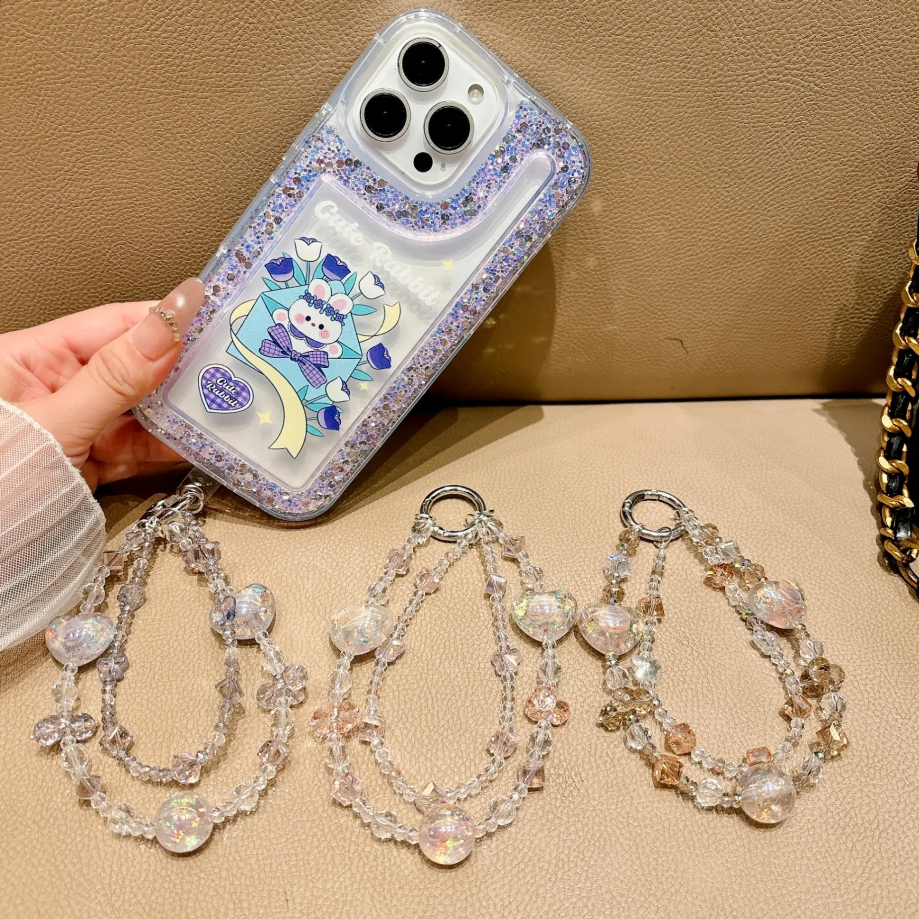 

Boutique Ins Wind Colorful Crystal Mobile Phone Chain Love Beaded Portable Wristband Anti-lost Lanyard Short Pendant