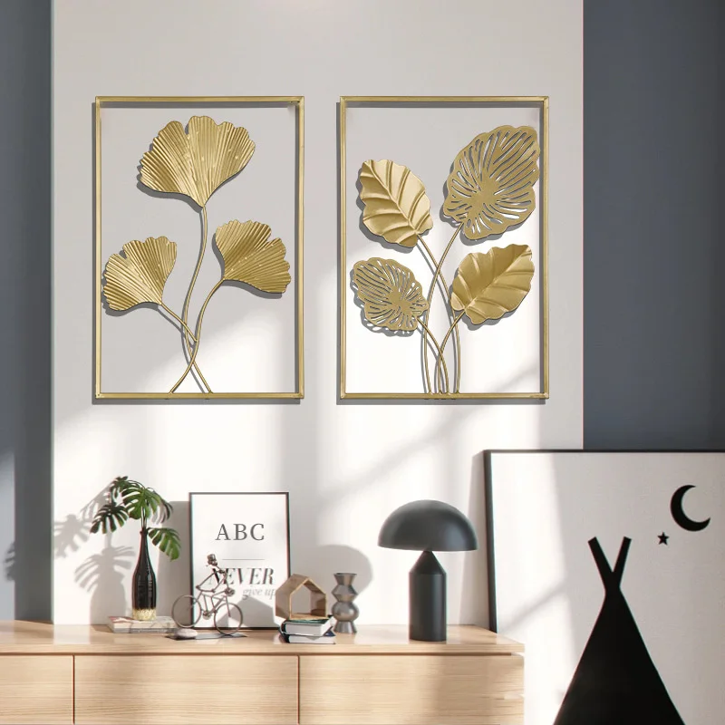 Nordic Luxury Metal Gold Leaf Wall Hanging Ornaments Modern Art Frame Background Wall Living Room Home Decor