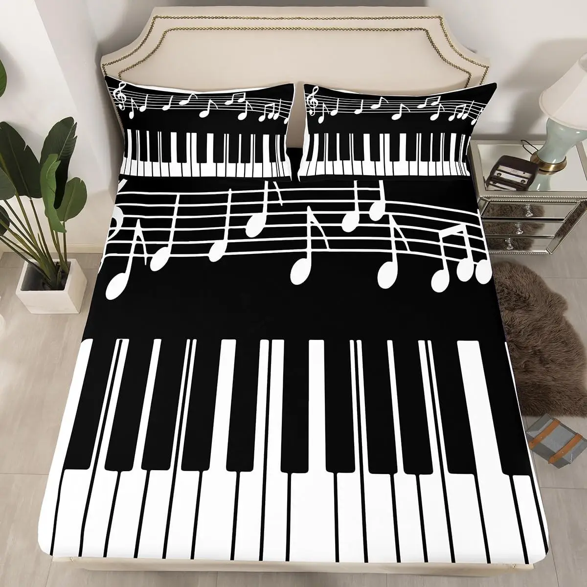 Music Fitted Sheet Musical Note Swirl Bed Sheet Set Blue Starry Sky Music Stave Bedding Set for Boys Teens Bedroom Full Queen