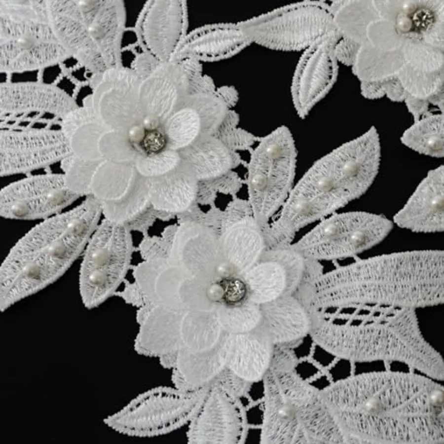2 Pieces 3D Lace Beads Flower Embroidered Patches Pair of Sequin Lace Sewing On Appliques for Wedding Dress Collar Decor DIY Cr view 4