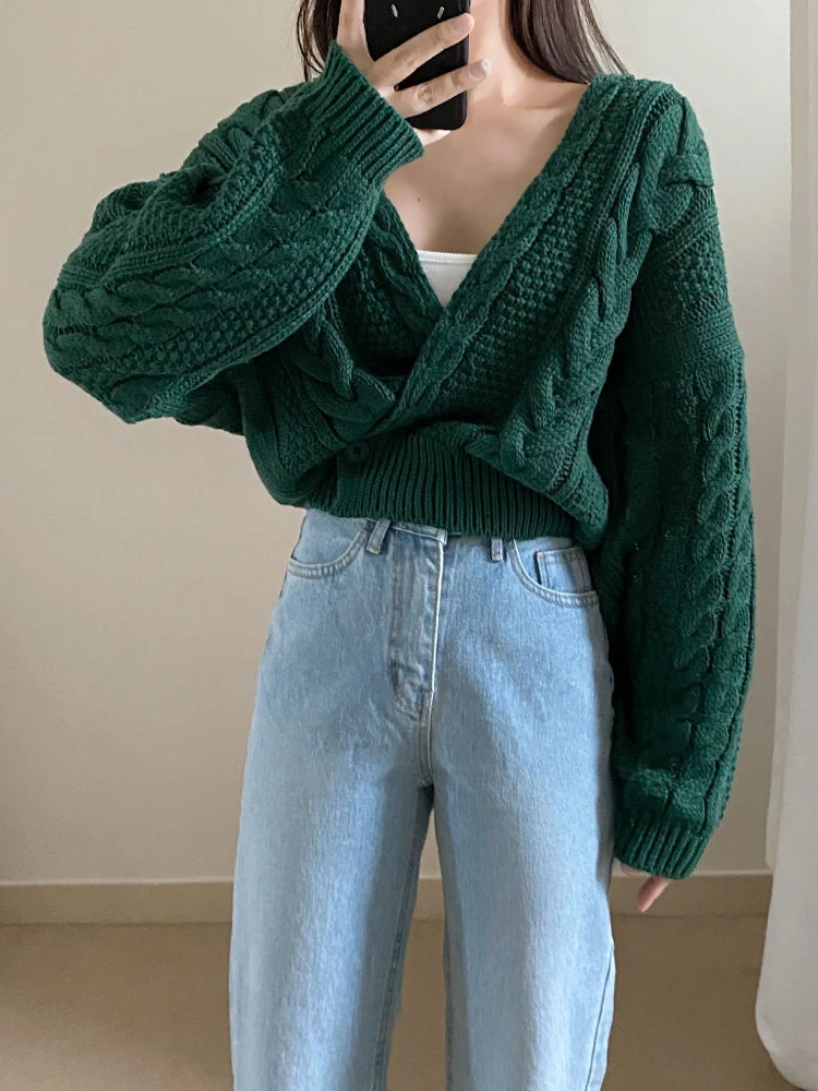 2024 Women V Neck Knitted Cardigan Sweater Female Vintage Knit Sweaters Long Sleeve Fashion Autumn Oversized Jumper Tops