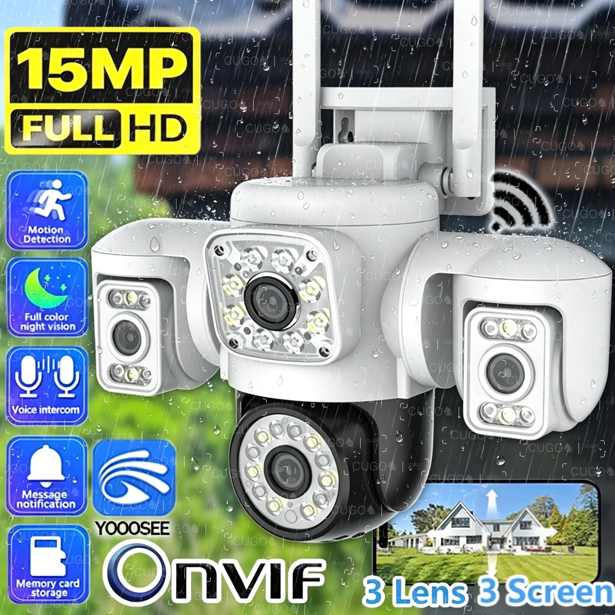 

15 МП 8K Wi-Fi камера с четырьмя объективами, тремя экранами и обзором 360° ° Уличная PTZ-камера с 16-кратным зумом, водонепроницаемая, с автоматическим отслеживанием, беспроводная система видеонаблюдения