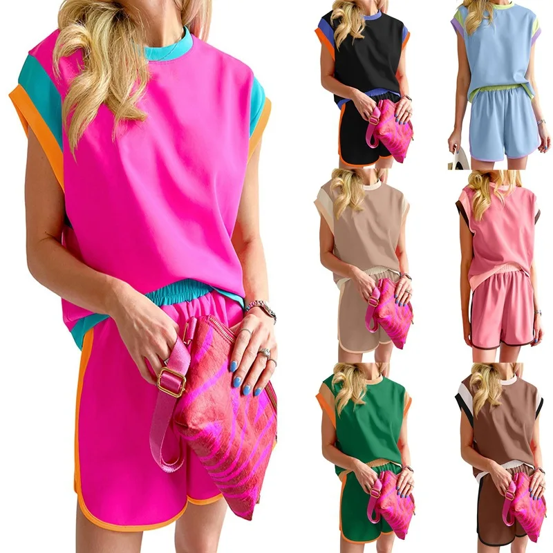 

Summer New Women Two-Piece Set Loose Crewneck Round-Neck Casual Outfit Shirts Shirt Tops Top Shorts Patchwork