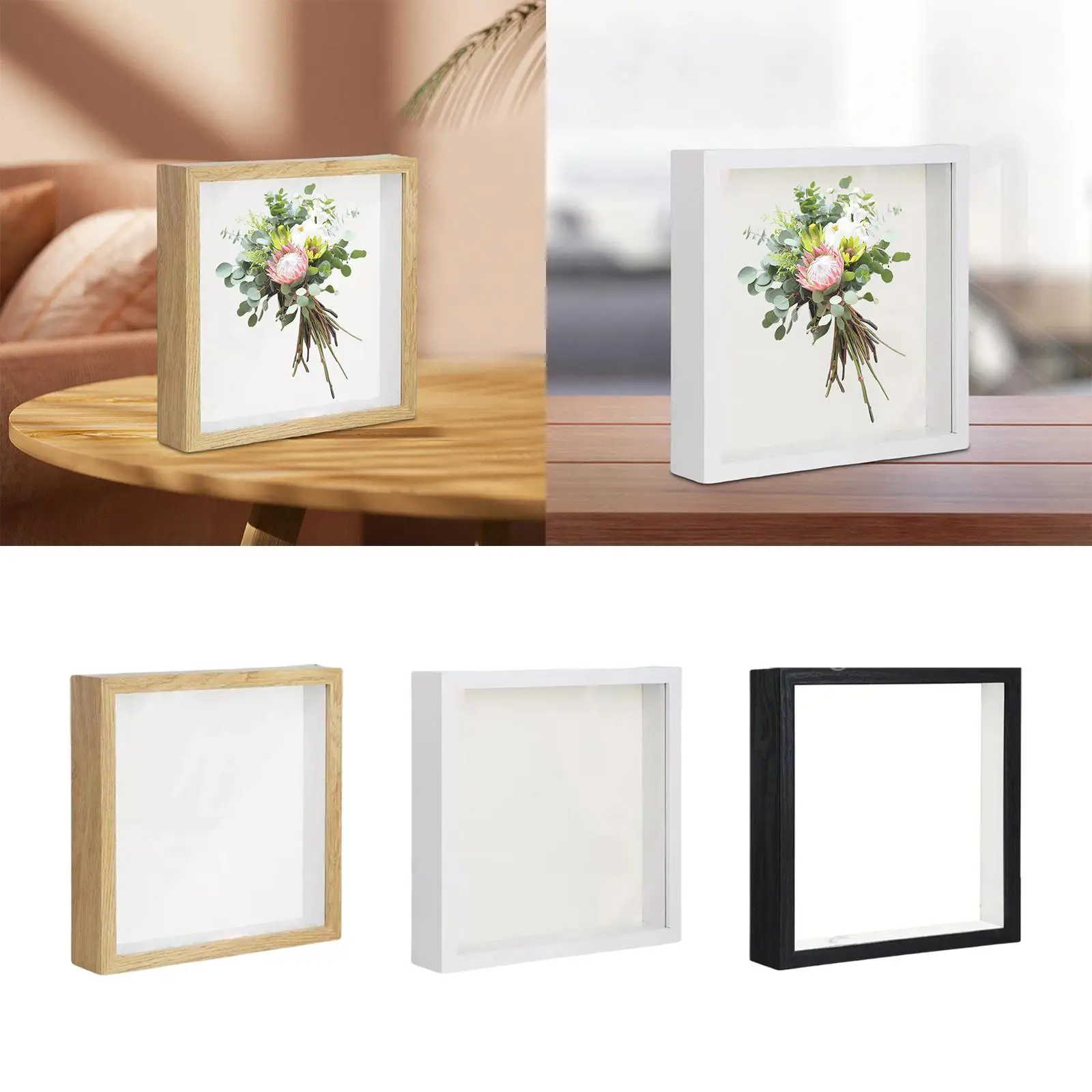 Deep Wooden Shadow Box Picture Frame 8x8 Inches Dried Flower Preserved Memory Photo Frame for Home Decor