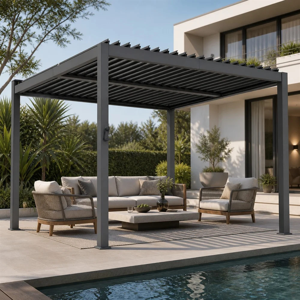 Modern Motorized Aluminum Pergola with Adjustable Louvered Roof Smart Control Outdoor Garden Patio Shade Structure