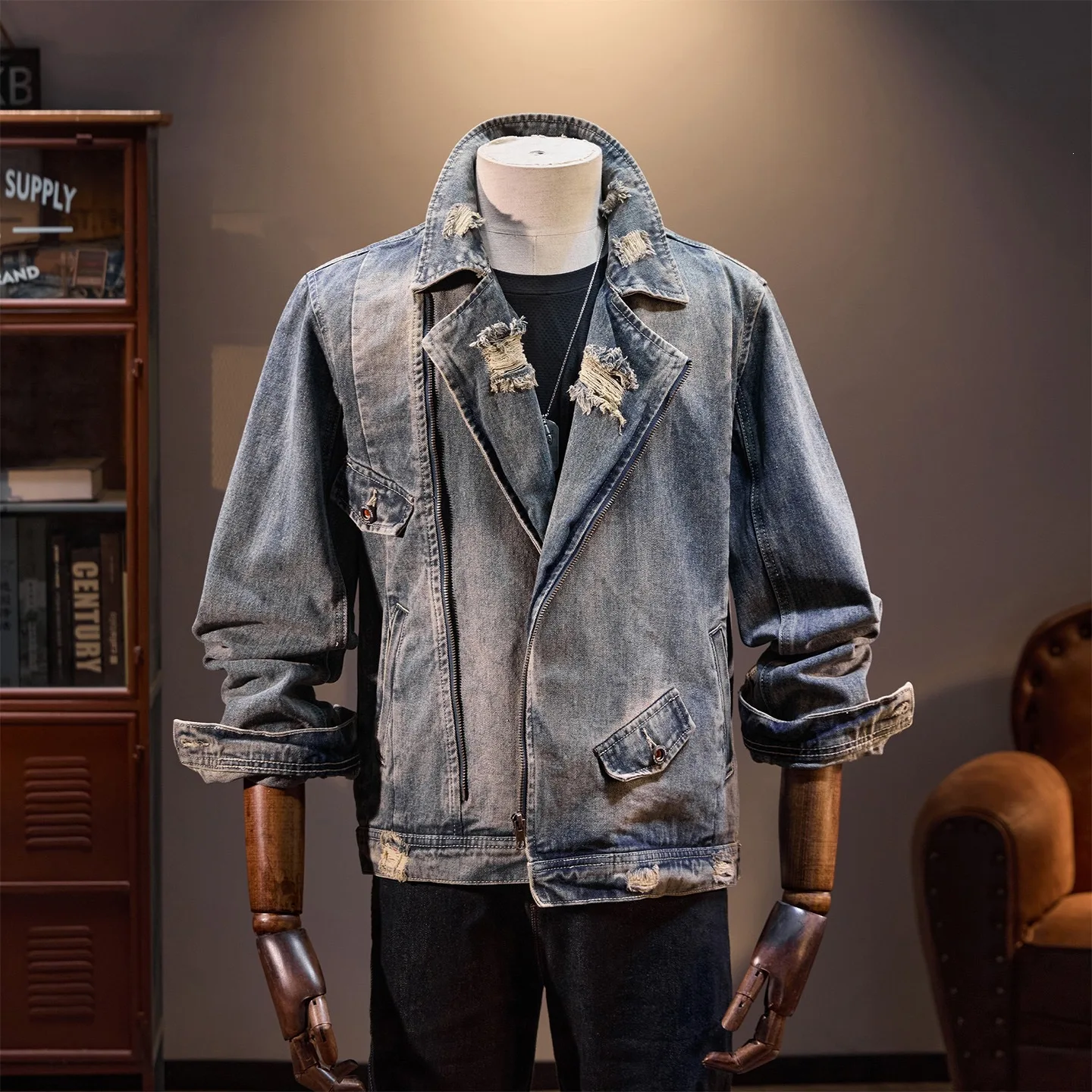 Men's Fashion Destroyed Biker Jeans Jacket With Holes High Street Washed Vintage Ripped Motorcycle Rider Coat Outerwear