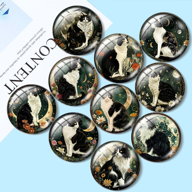 Floral Moon Cat 10pcs 12mm/18mm/20mm/25mm Round photo glass cabochon demo flat back Making findings