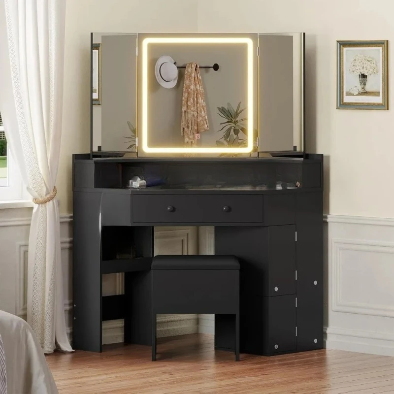 

Corner Vanity Desk with LED Mirror, Lights, Power Outlet & Rotating Shelves, Makeup Vanity for Women Girls