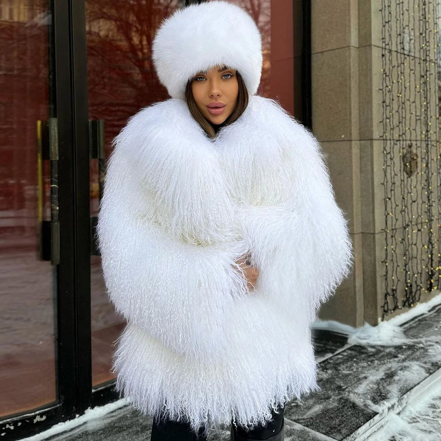 White Mongolian Fur Coat Women Lamb Coats Women Tibetan Lamb Jackets Real Mongolian Fur Jacket