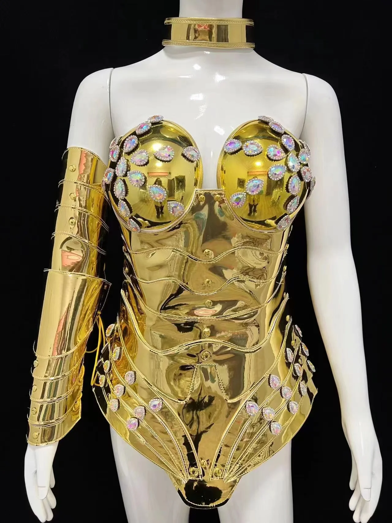 Tech Punk Style Gold Armor Rhinestones Bodysuit Women Stage Performance Wear Rave Outfit Nightclub Dj Ds Gogo Costumes