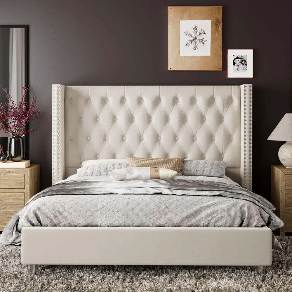 Bed Frame Upholstered Bed Wingback Headboard Velvet Tufted Diamond Button/No Box Spring Needed/Easy Assembly