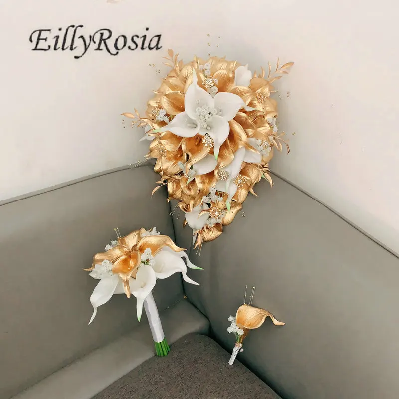 

EillyRosia оригинальный дизайн золотой каплевидный свадебный букет Калла Лилия африканский свадебный букет для подружки невесты с блестящими цветами