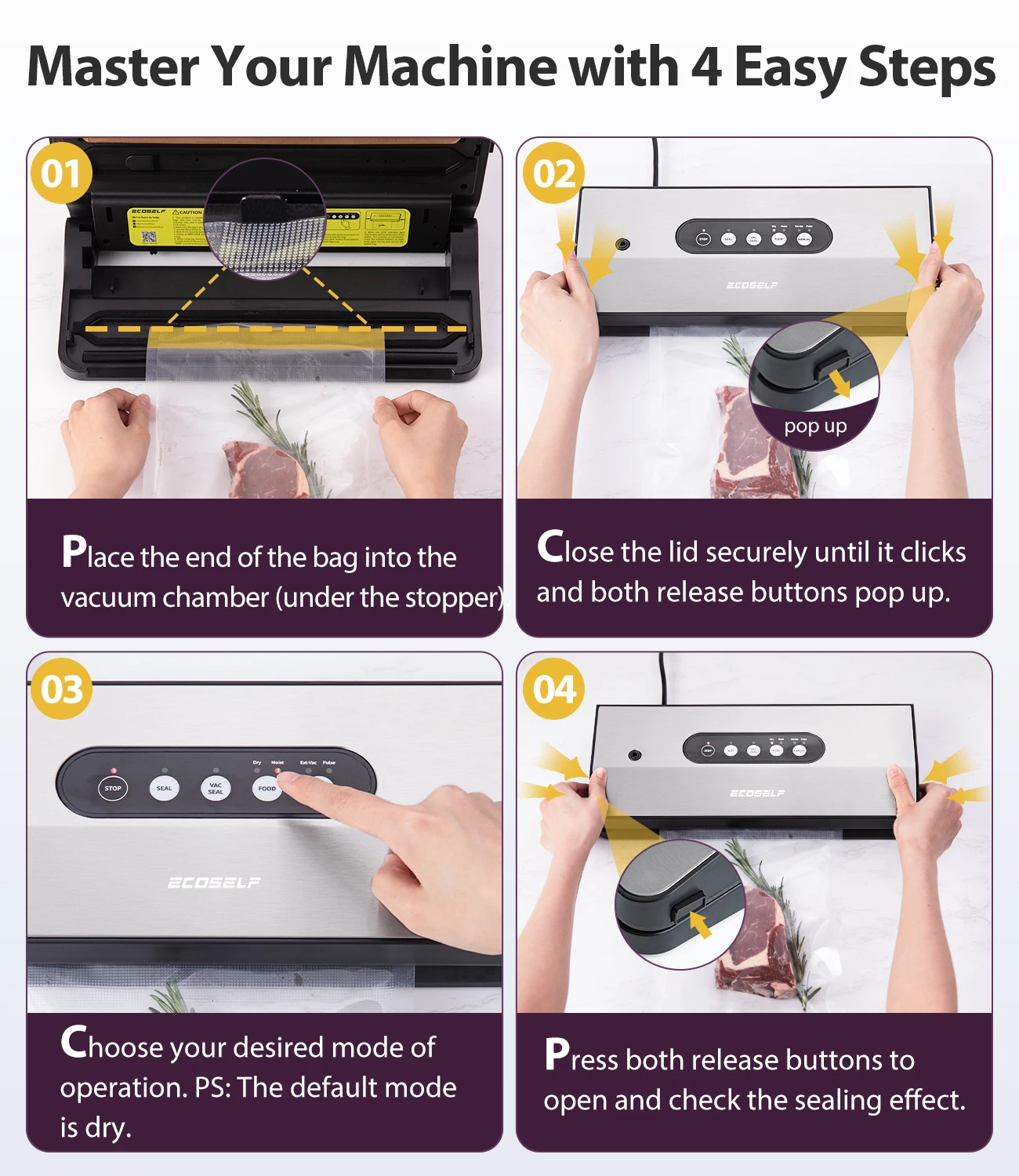 เครื่องซีลสูญญากาศสแตนเลส 8-in-1, แรงดูดทรงพลัง 60KPA สำหรับเก็บรักษาอาหาร, ซูวี, พร้อมที่ตัด, สายยาง และถุง 10 ใบ