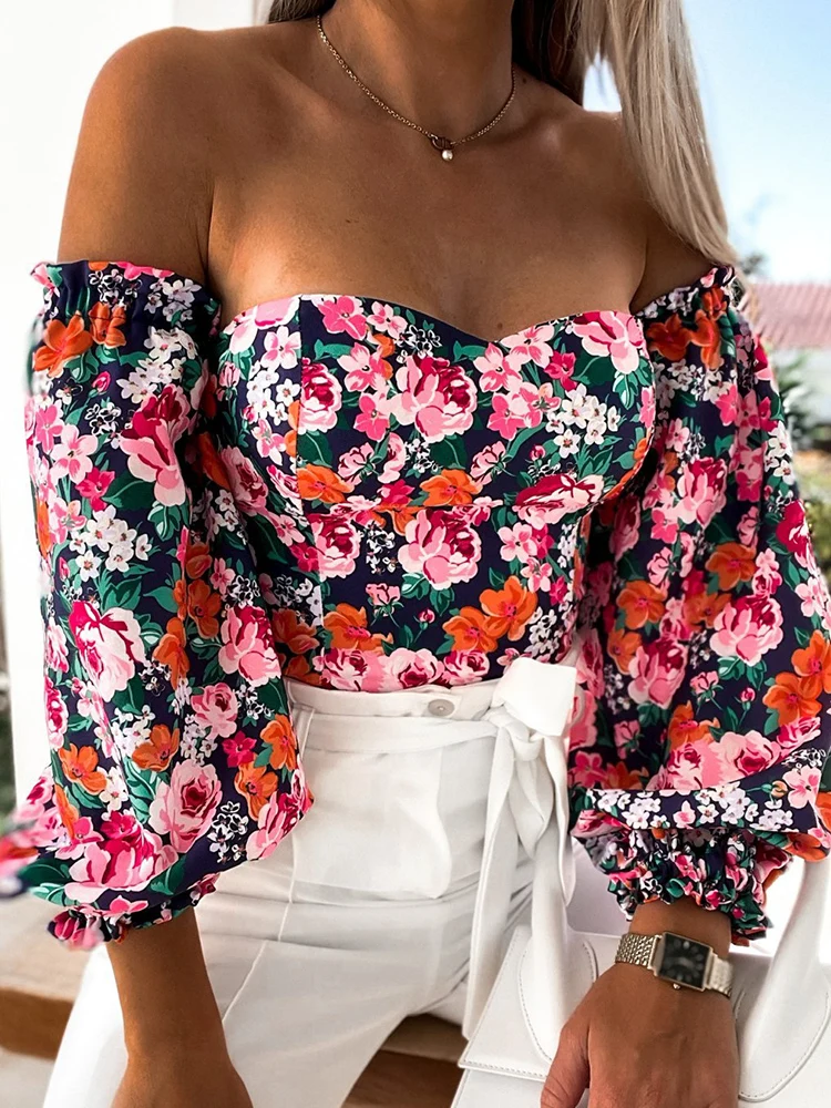 Sexy Floral Print Crop Top Women Spring Summer Youth Backless Off Shoulder Long Sleeve Blouses Fashion White Shirt 2023 New