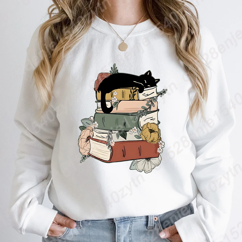 Cat Book Sweatshirt, Books and Cats Sweatshirts, Reading Pullovers, Cat Lover Shirts, Casual Long Sleeves, Women Sweatshirts