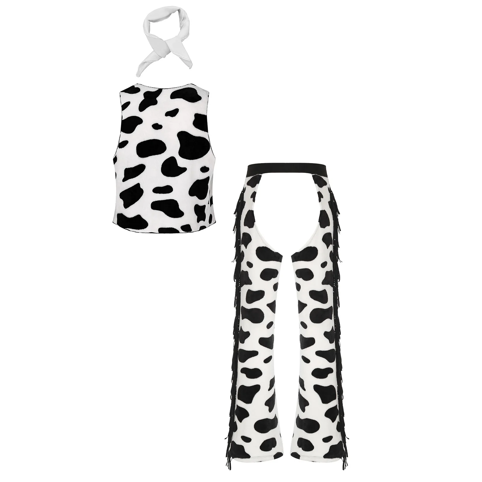 Mens Halloween Carnival Cowboy Cosplay Costume Outfits 3 Piece Cow Print Vest And Crotchless Long Pants And Bandanna Set view 2
