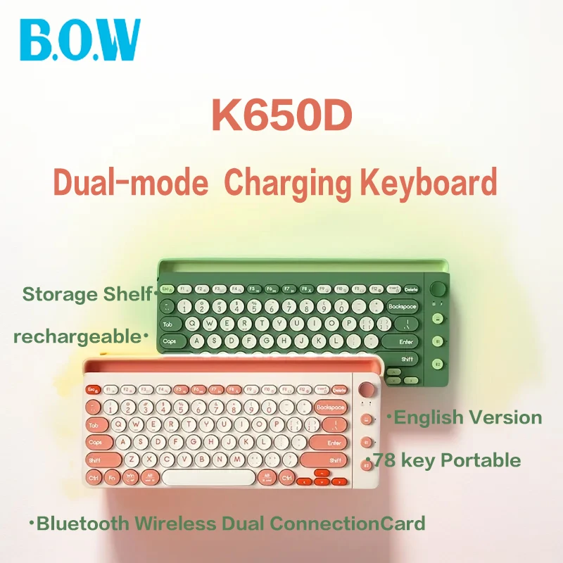 B.O.W K650D Bluetooth Wireless Dual-mode Charging Keyboard Portable With Card Slot  Phone Tablet  Universal Stand Keyboard 78key