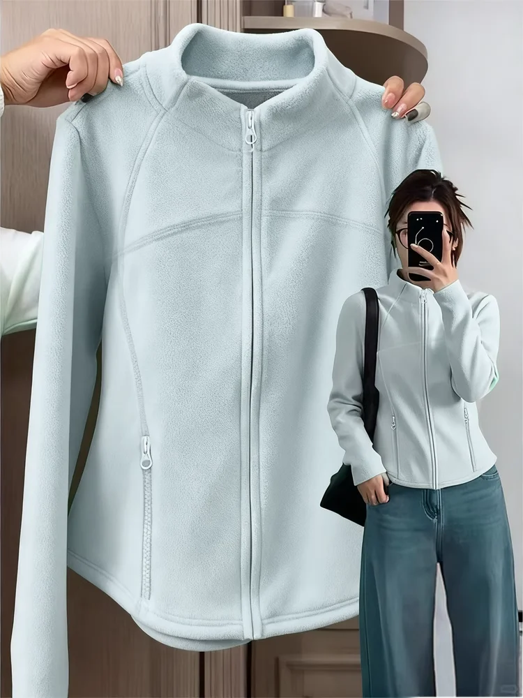 

Women Fall Winter Polar Fleece Jacket Slim Fit Fleece Lined Coat Warm Windproof Inner Layer for Down Jackets Zip-Pocket Outwear