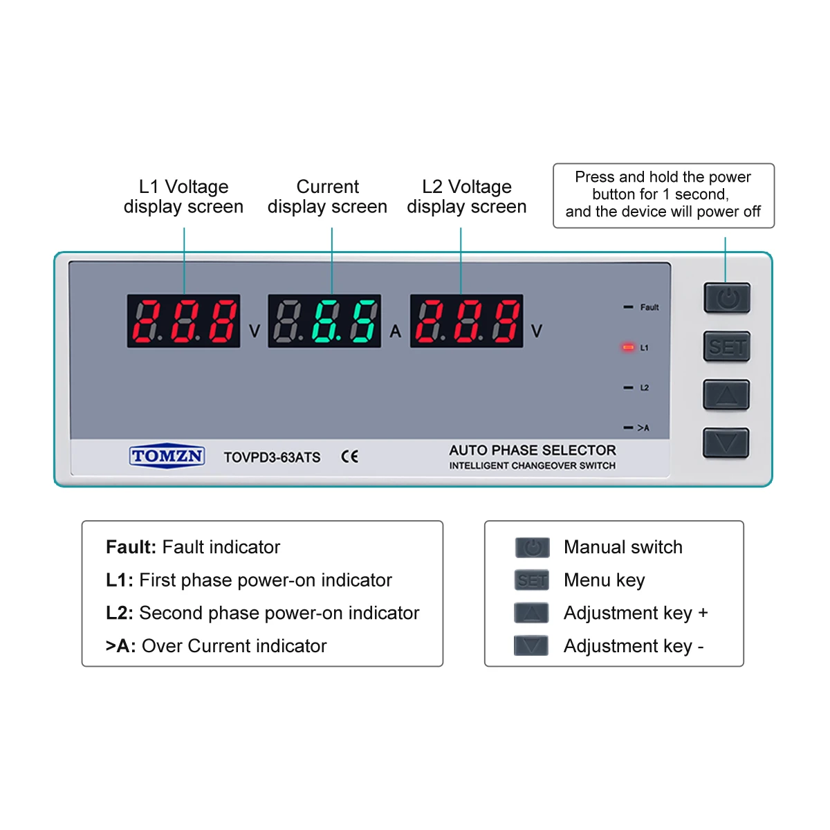 

TOMZN Relay-type Auto Dual Power Transfer Switch Over Under Voltage Protection Over Current Protector Cut Off L N U-I display