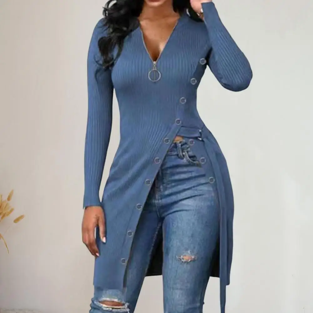 Chic Tunic Blouse Mid-Length Slim Fit Women Blouse Spring Autumn Solid Split Hem Tunic Blouse