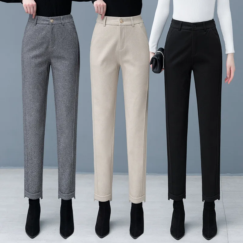 

Осень-зима 2026, женские шерстяные брюки, флисовые толстые повседневные брюки, прямые брюки с высокой талией, тонкие женские брюки до щиколотки