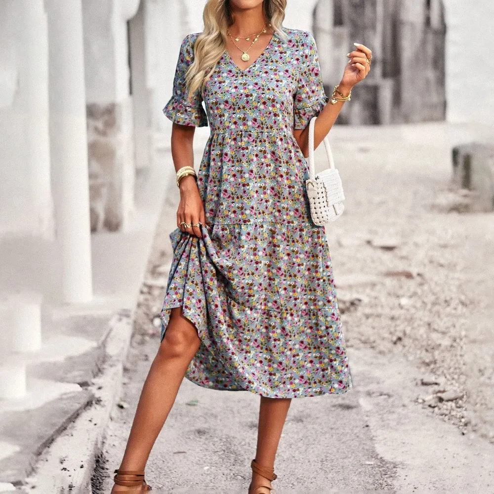 

Elegant V-neck Ruffle Sleeves Dress Summer Short-sleeved Holiday Skirt for Women Fashion Print Summer Holiday Casual Dresses