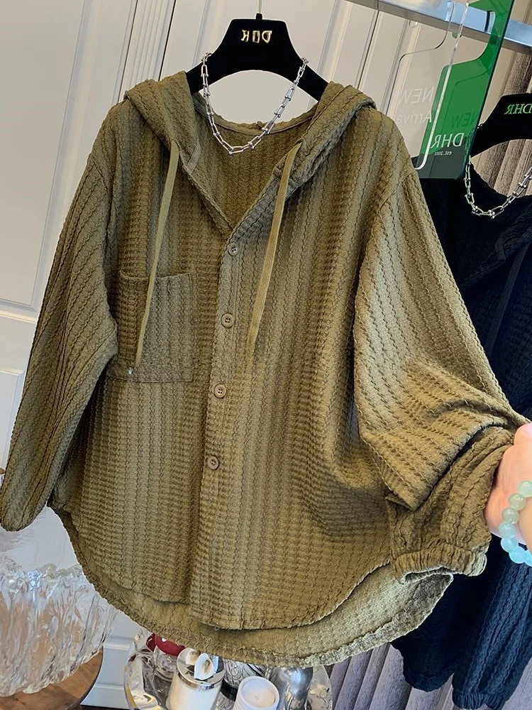 

plus Size Women's Hoodie irt Loose Casual Spring Autumn k Texture Large 300 Pou Korean Sle Long Sve Button up