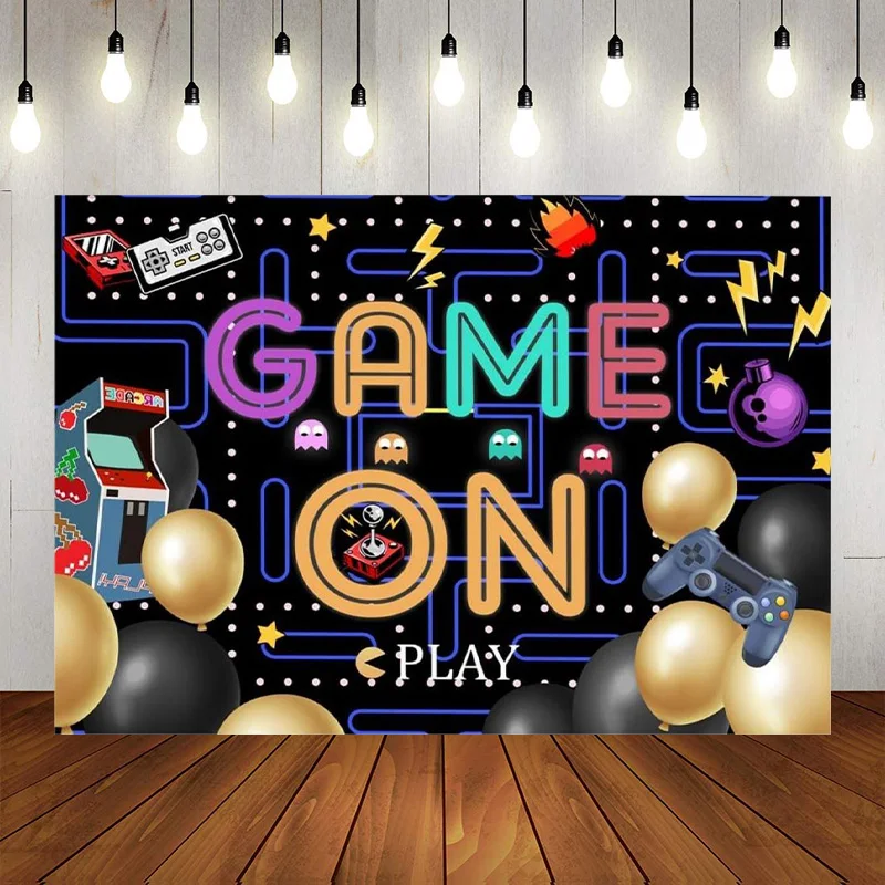 Game Backdrop Boys Birthday Photography Background Colorful Lights Party Kids Gaming Party Decorations Banner