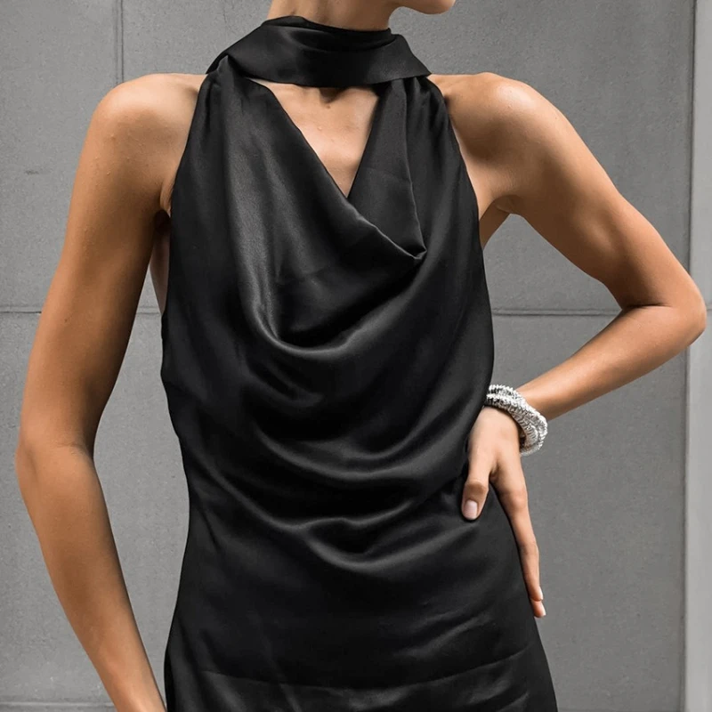 2025 zomer nieuwe stijl hoge kwaliteit hangende nek satijnen heuptas hippe lange jurk vrouwelijk