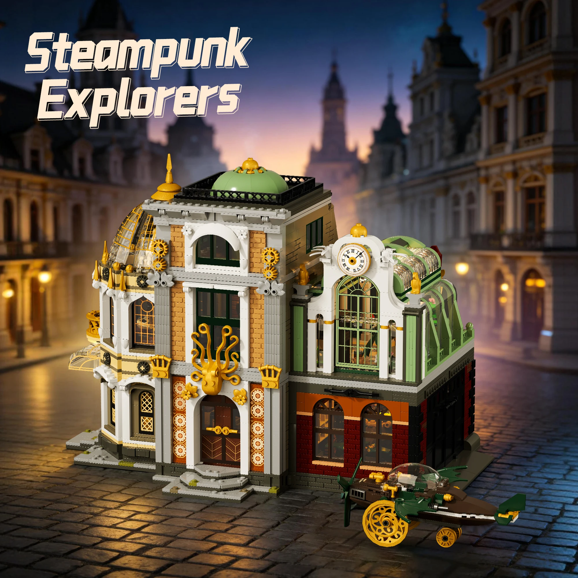 Modèle d'avion d'explorateurs steampunk créatif, blocs de construction, vue sur la rue, MOC, assemblage modulaire, jouets éducatifs, cadeaux pour adultes, 3124 pièces
