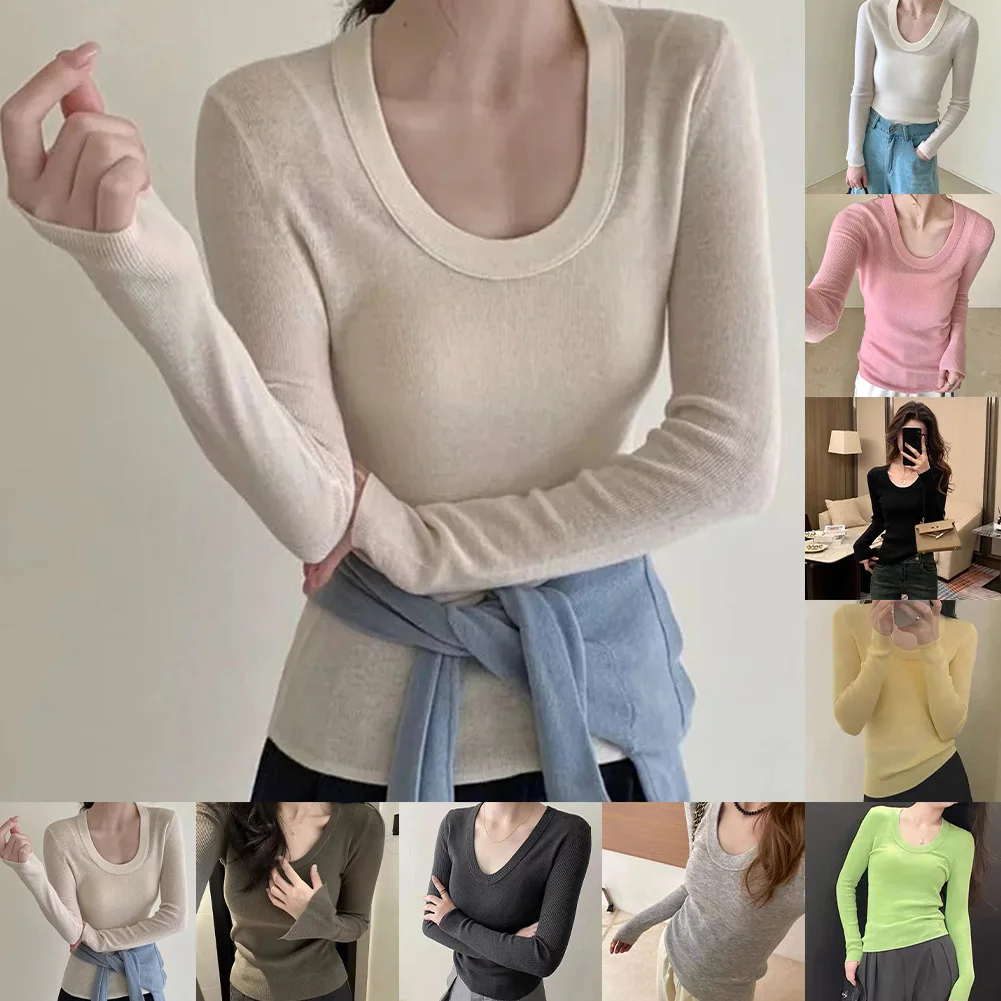 تي شيرت نسائي كوري برقبة على شكل حرف U وأكمام طويلة وطبقة أساسية كاجوال بقصة ضيقة ومصمم للاستخدام اليومي والعطلات