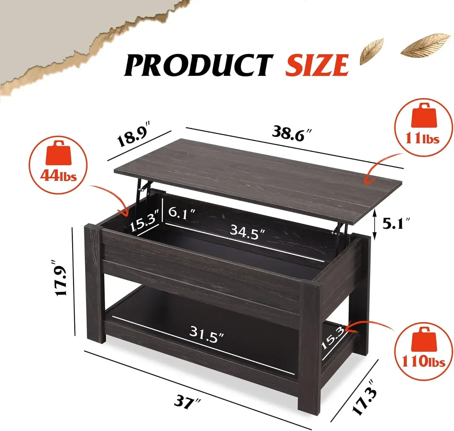 Mesa de centro, mesa de centro elevatória de 39" com compartimento oculto e prateleira de armazenamento para sala de estar, café expresso