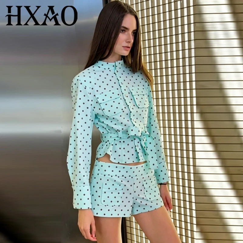 HXAO Grünes Polka-Dot-Shorts-Set Sommer Damenanzug mit Taschen Crop-Top Langarm-Hemden mit Gürtel 2-teiliges Set Hochgeschnittene Shorts Outfits