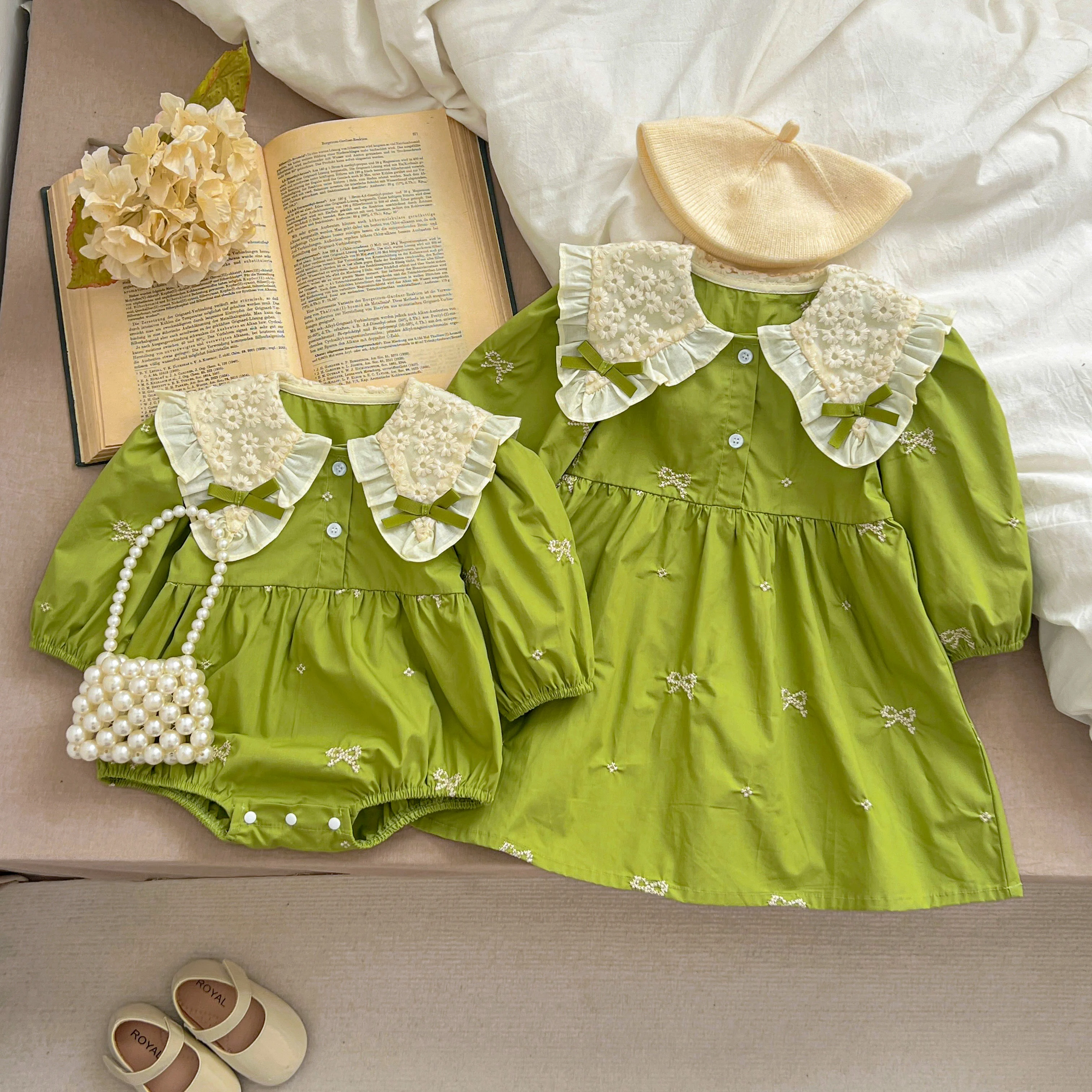 Schwestern Kleidung Säuglings Baby Mädchen Spitze Kragen Kleid Strampler Kinder Baby Mädchen Gestickte Bogen Prinzessin Kleid Familie Kleidung Strampler – Detail 24