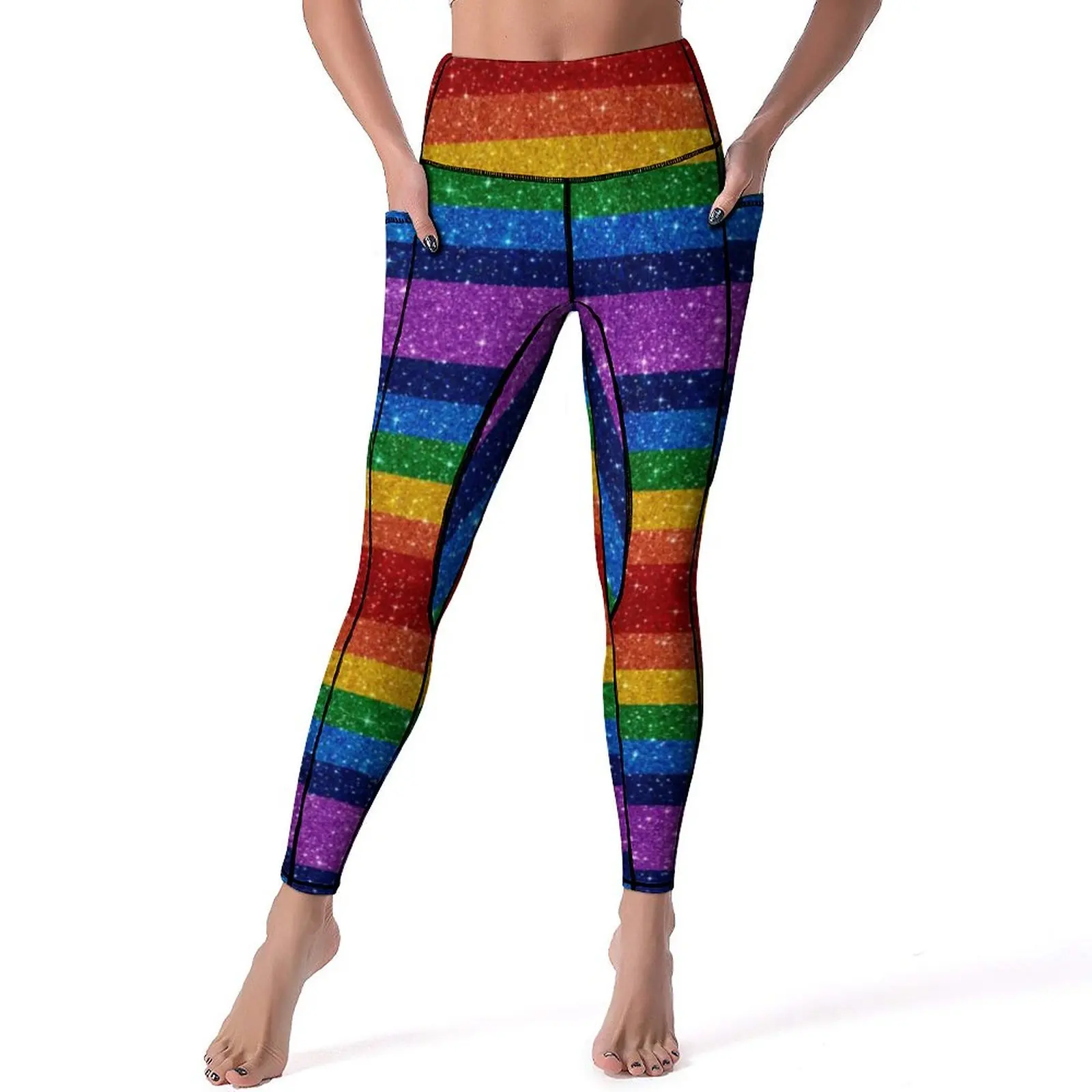 Bling Me Up Regenbogen-Yogahose, Taschen, gestreift, Pop-Art, Glitzer-Leggings, sexy Push-Up-Yoga-Sportstrumpfhose, schnell trocknende Gym-Leggings