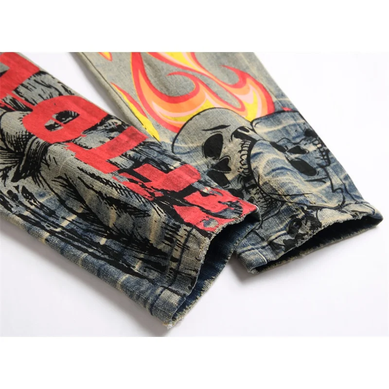 American-style printed multi-pocket vintage jeans men's slim-fitting small straight stretch nostalgic washed high-end trousers