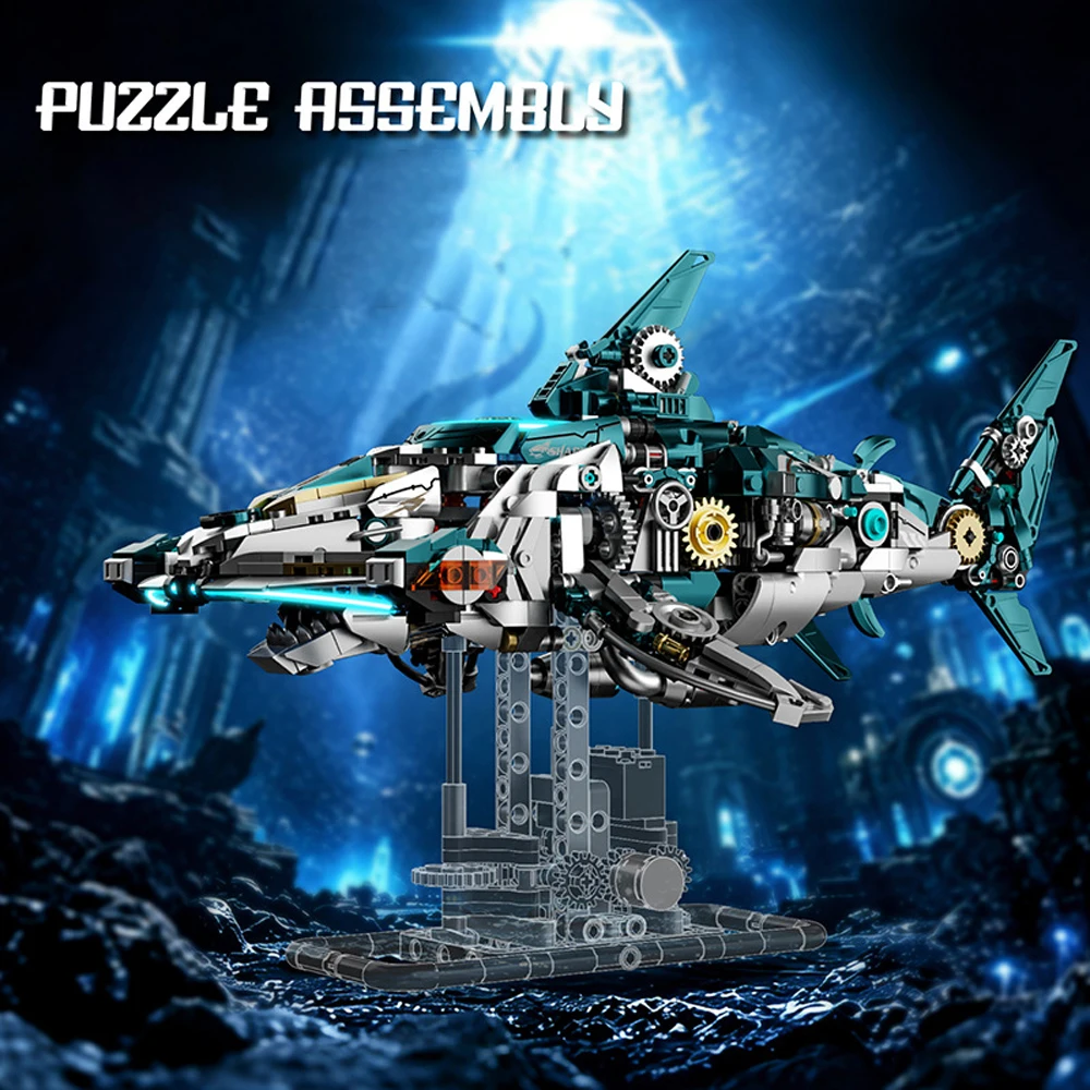 1323 PCS Hammerhead Shark Building Blocks Model, Hand-Crank Transmission Mechanism, LED Lights, Creative Trendy Collectible Gi
