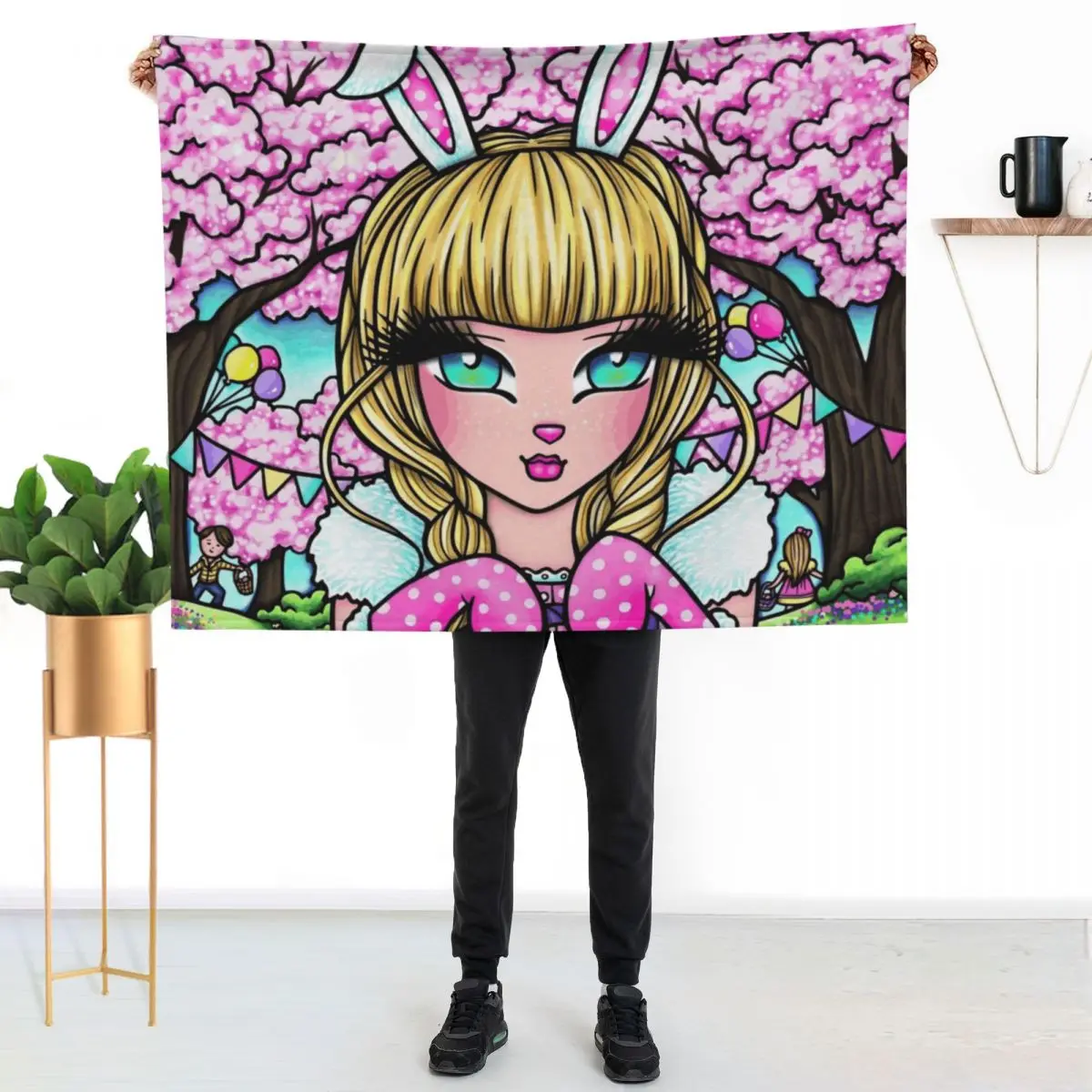 Cute Blonde Easter Bunny Girl Egg Hunting Fantasy Art Throw Blanket Thins Decoratives Luxury Hairys warm for winter Blankets