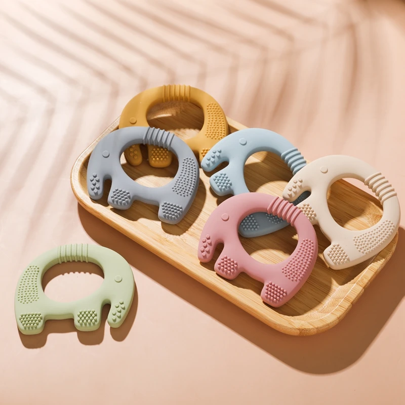 

1PC Food Grade Baby Silicone Teether Elephant Shape Wooden Ring Teething Toys BPA Free Infant Chewing Nursing Teething Gifts Toy