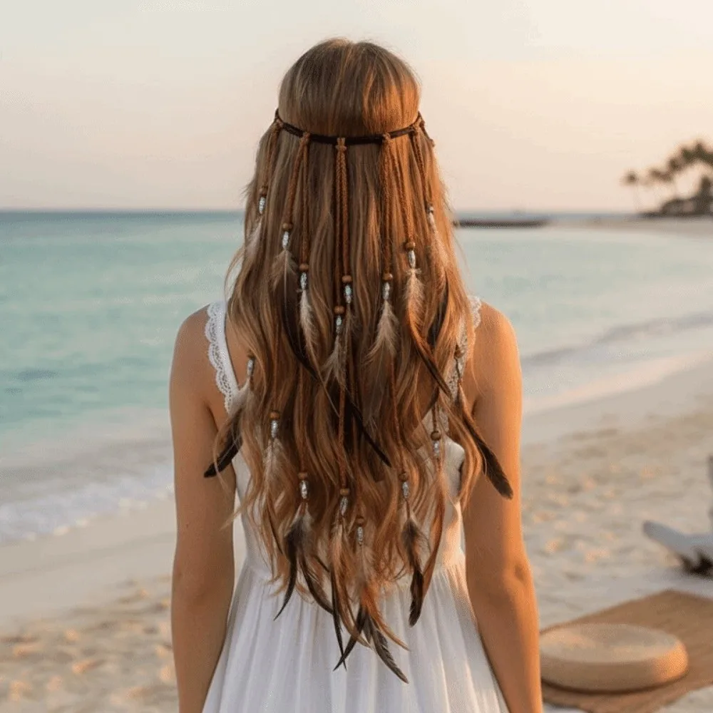 Synthetic Braided Cord Boho Feather Headpiece Adjustable Slide Bead Multi-strand Design Tribal Hair Extension