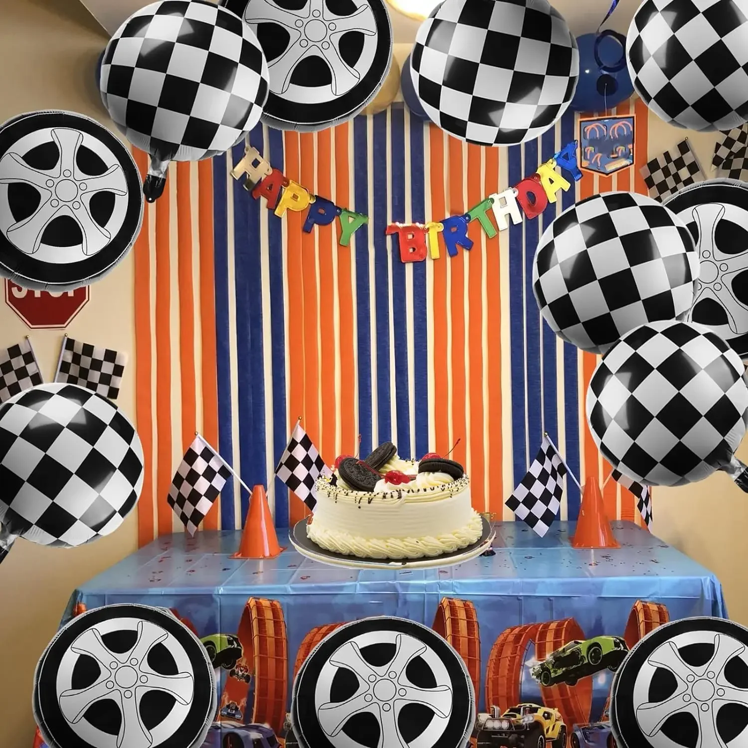 12 Stück/Set 18 Zoll Rennreifen Schwarz-Weiß Karierte Folienballons Rennsport Geburtstagsparty-Zubehör für Jungen Rennwettbewerb – Detail 2
