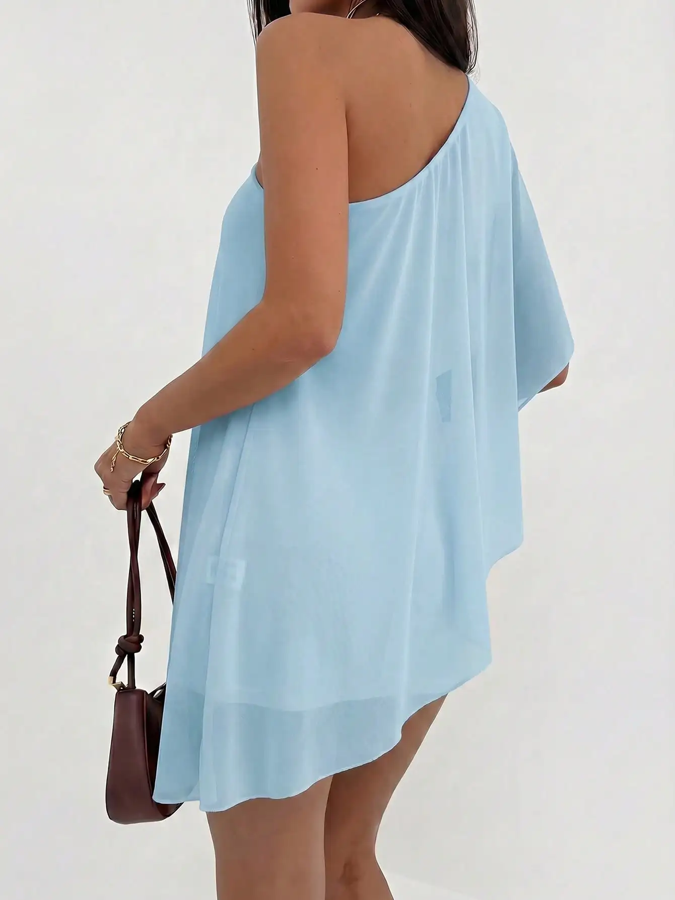 Aloruh Women's Casual Vacation Style Solid Color Pleated Fitted Mini Dress, Summer Vacation Light Blue,Wedding Guest,Graduation Dress