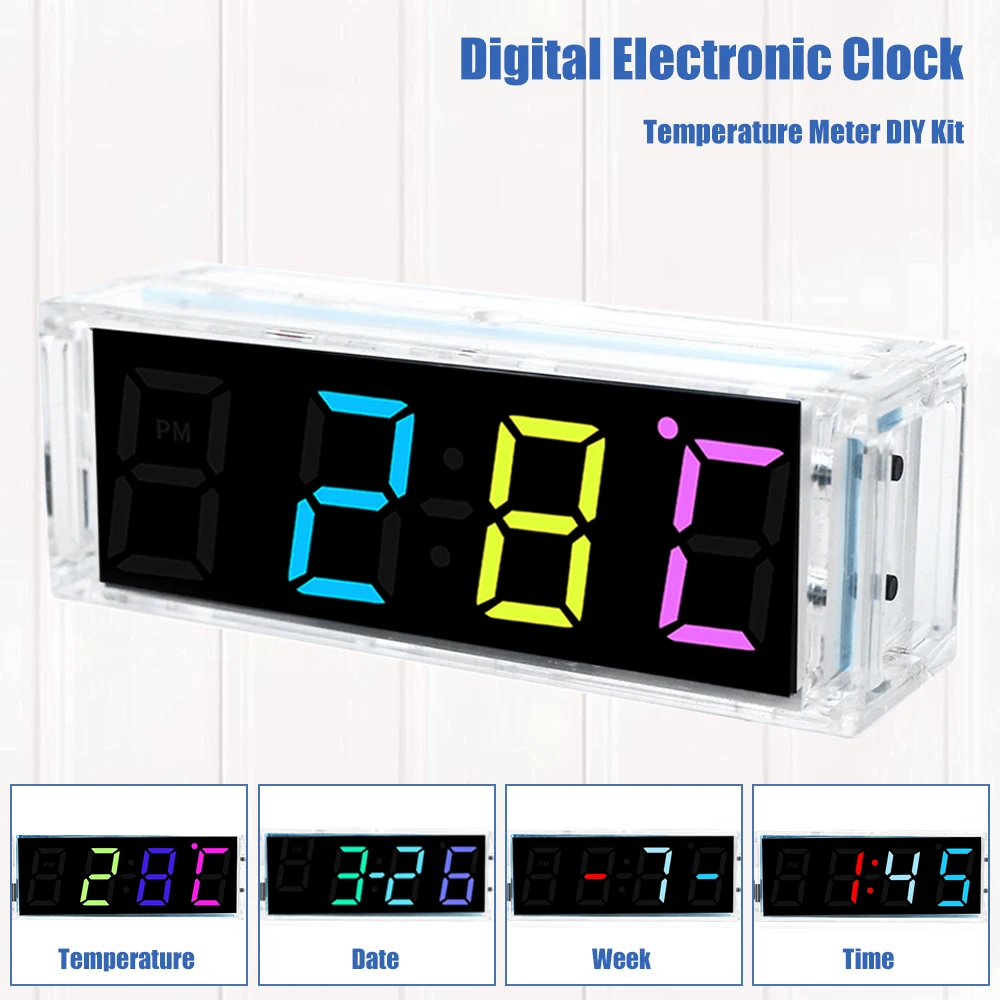 Electronic Clock DIY Kit Temperature Meter Digital Colorful LCD Display with Alarm Time/Date DC 5V 4 Bit Soldering Practice