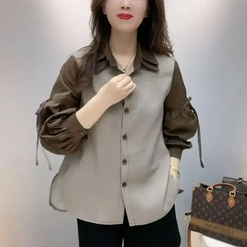 Roupas femininas elegante laço-up arco chique botão acima camisa contraste cor retalhos blusas divididas casual lapela manga longa topos